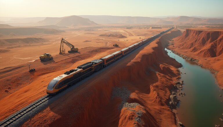 A train travels through a desert landscape beside a winding river, with machinery in the background.