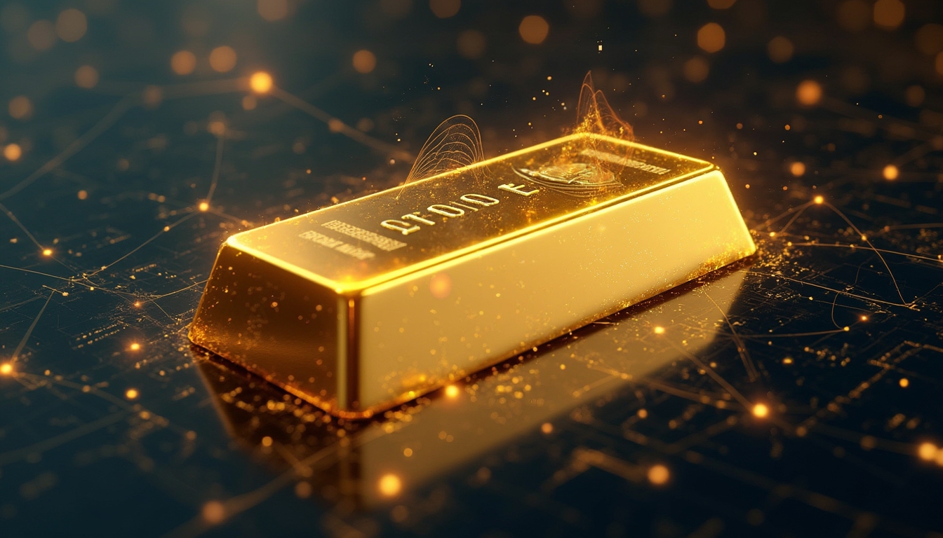 A shiny gold bar amidst a digital, glowing network background.