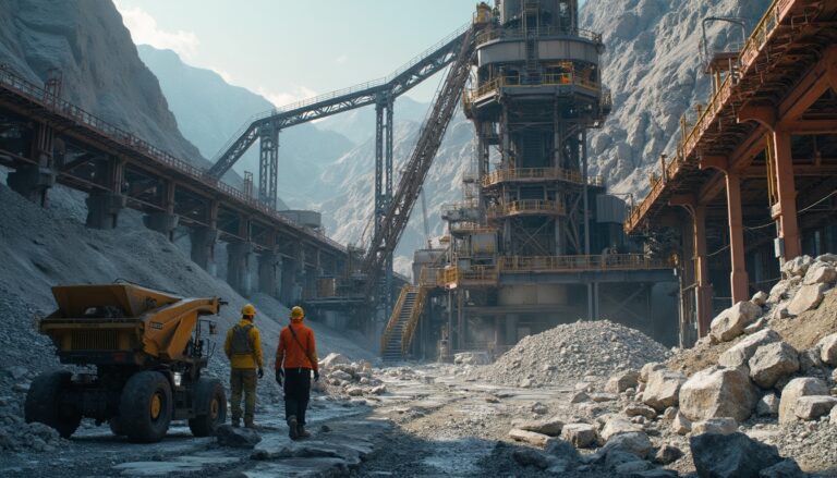 Two workers in safety gear walking in a large quarry with industrial machinery and rocky terrain.