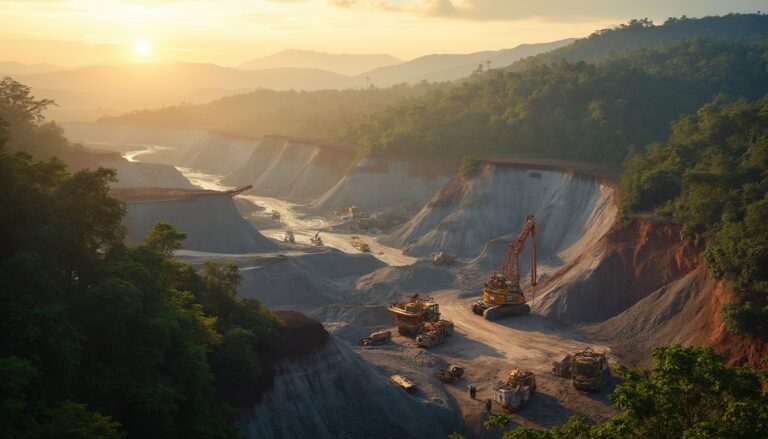 Sunset over a mining site with heavy machinery and lush hills in the background.