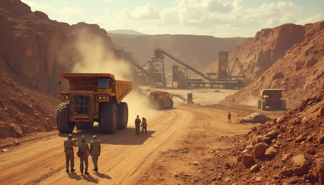 Open-pit mine with large trucks and workers under a bright sky. Dust rises in the background.