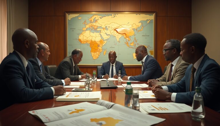 Seven men in suits at a conference table with maps and documents, serious discussion underway.