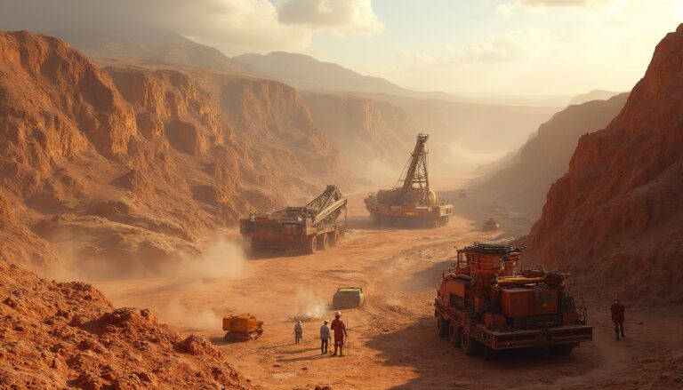 Massive mining equipment in a dusty canyon under a hazy sky, with workers and rugged red terrain.