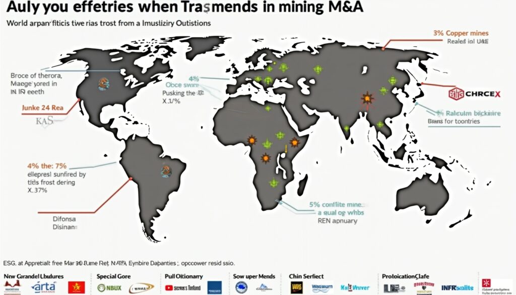 World map with icons and text about global mining M&A trends, including copper and conflict mines.