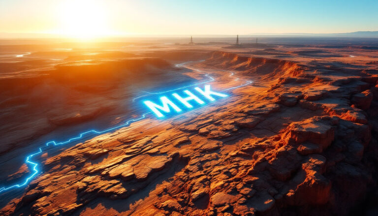 Metal Hawk Ltd-MHK-Sunset landscape with neon blue "MHK" on rocky terrain, with glowing energy path.