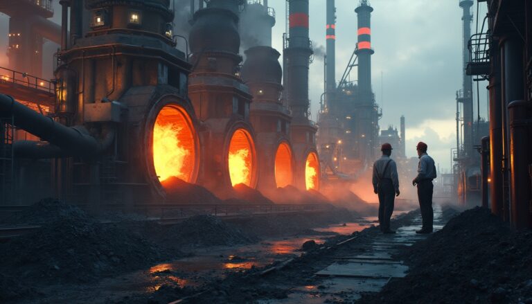 Two workers stand near glowing furnaces at an industrial plant during dusk, with smoke and steam rising.