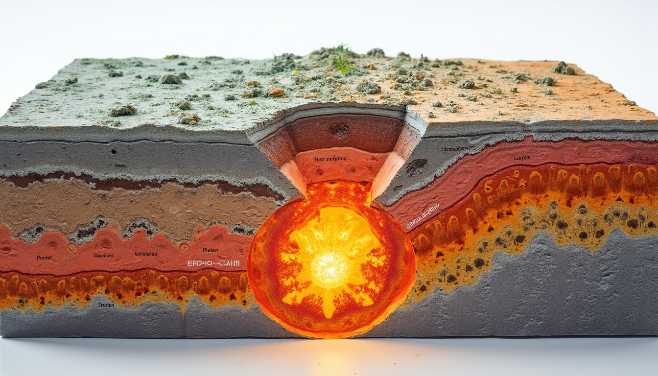 Cross-section of a volcanic eruption model showing various layers of the Earth's crust and magma.