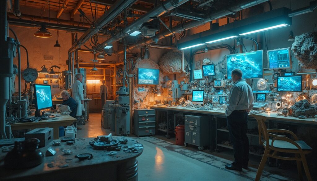 Dimly lit laboratory with scientists analyzing data on multiple screens.