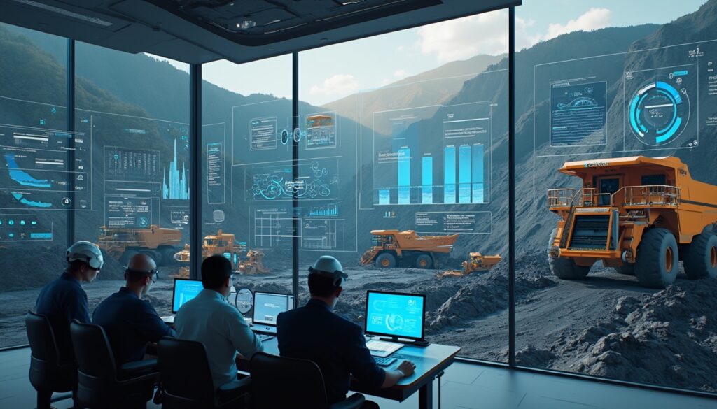 Engineers monitor mining trucks through futuristic digital displays in a control room.