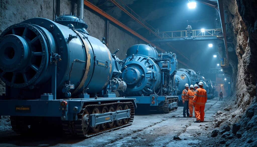 Workers in a dimly-lit underground tunnel with large industrial machinery.