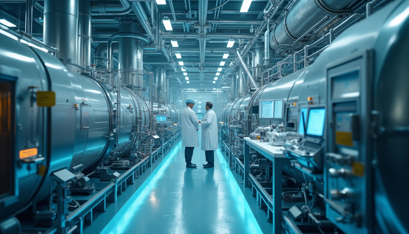 Two scientists in white coats talk inside a high-tech industrial facility lined with large metallic tanks.