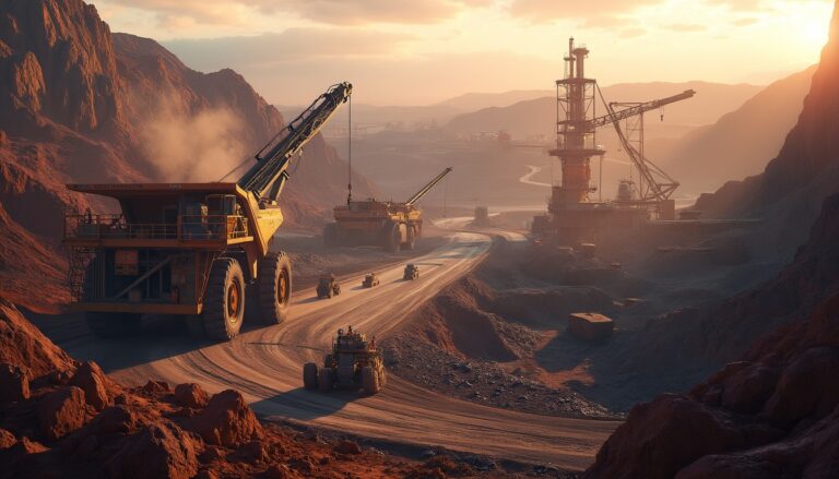 Heavy machinery operates in a dusty open-pit mining site at sunset, surrounded by rugged terrain.