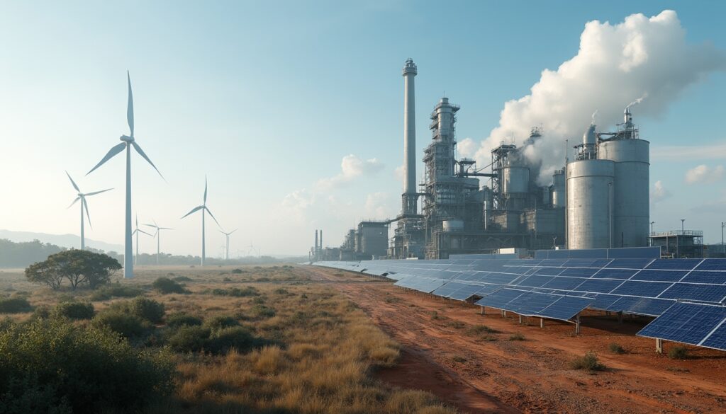 Wind turbines, solar panels, and an industrial plant in a landscape, highlighting energy production.