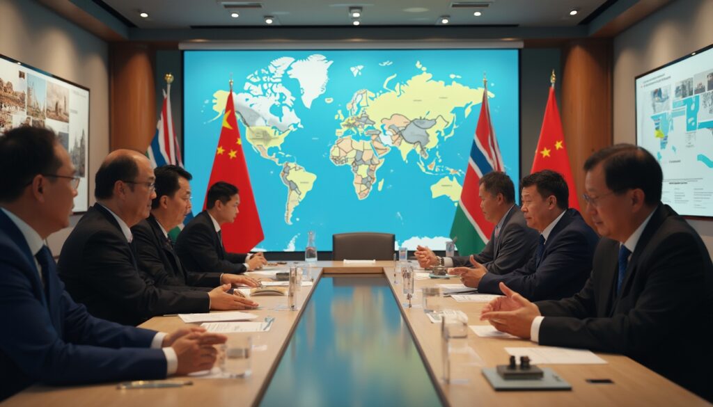 Meeting room with people in suits, world map on screen, flags of China and Norway displayed.