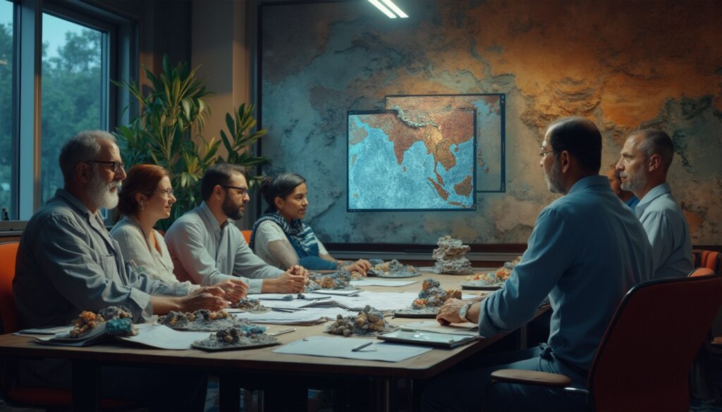 Six people in a meeting room discussing geology, with maps on the wall and rocks on the table.