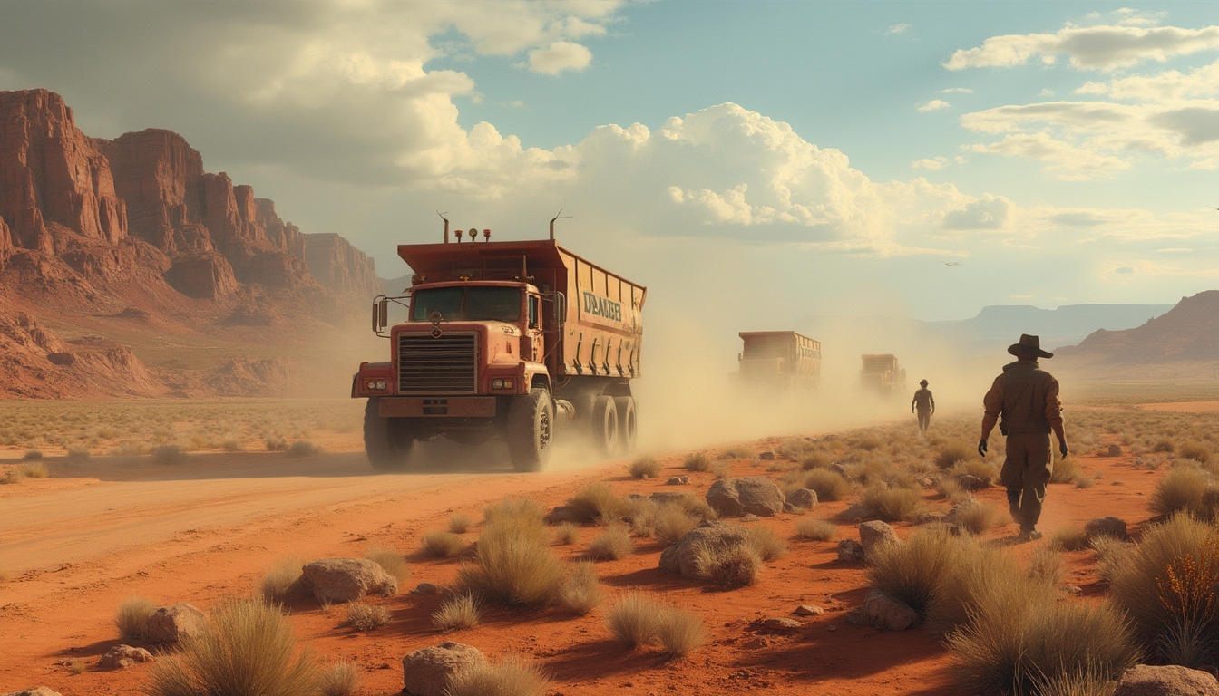 People walk beside trucks on a dusty desert road, with red rock formations in the background.