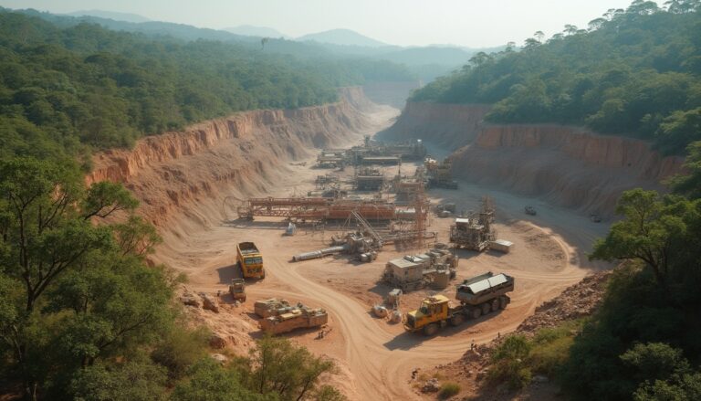 Open-pit mine surrounded by dense greenery and mountains, with trucks and equipment in operation.