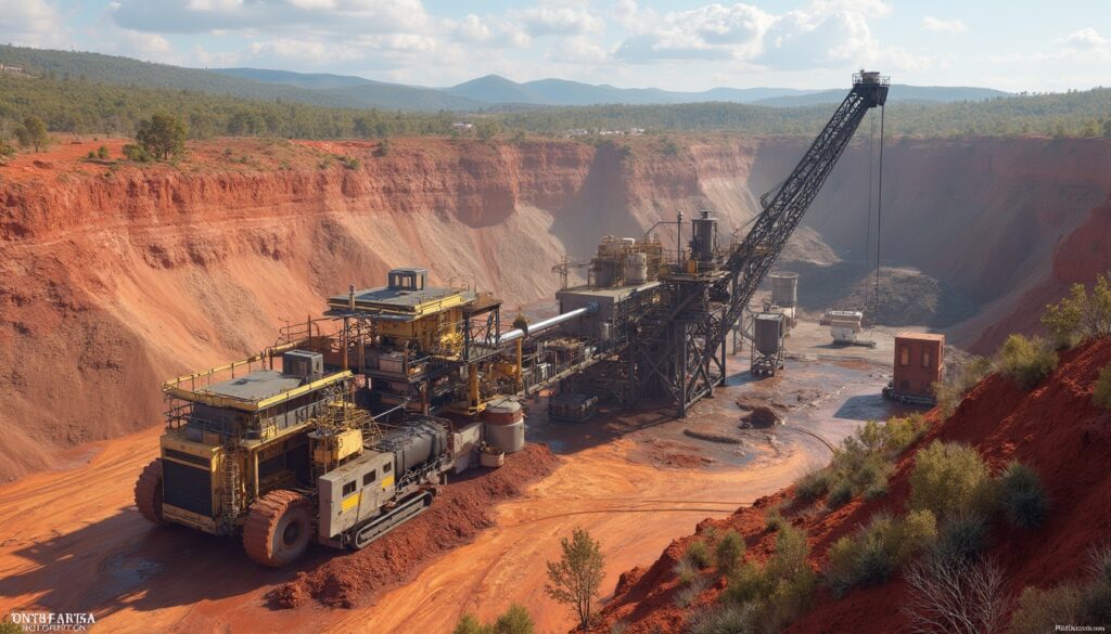 Massive mining machinery sits in a red clay quarry under a clear sky with distant hills.