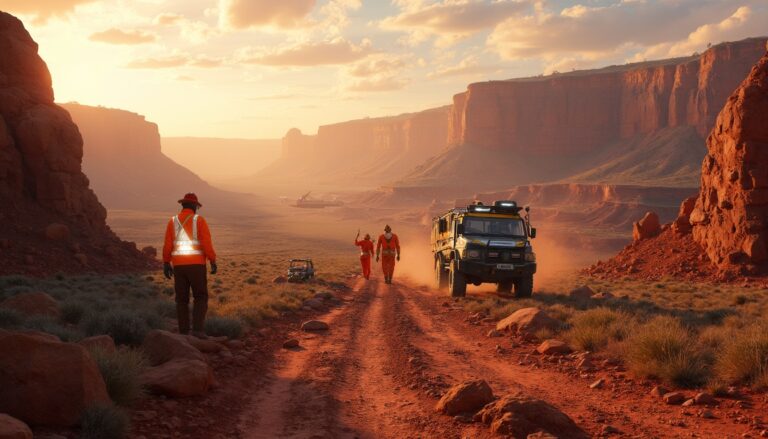 Workers and a vehicle on a dusty desert road at sunset, surrounded by towering red cliffs.