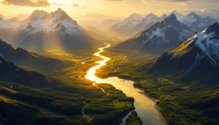 Nova Minerals Ltd-NVA-Golden river winding through lush valley with snow-capped mountains and sunlit sky.