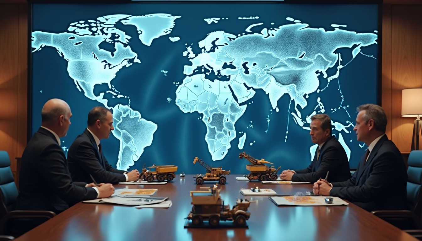 Four men in suits discuss around a table with toy construction vehicles and a world map backdrop.