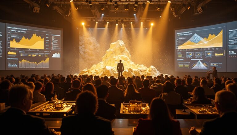 Audience watching a presentation with large screens and a person standing on a stage with lighting.