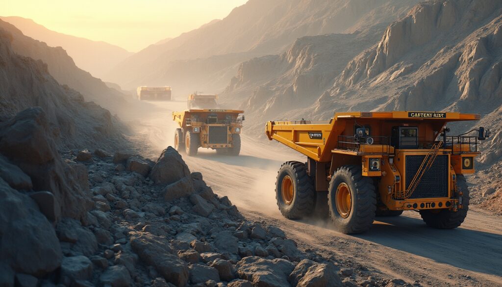 Heavy mining trucks drive through a dusty quarry at sunset.