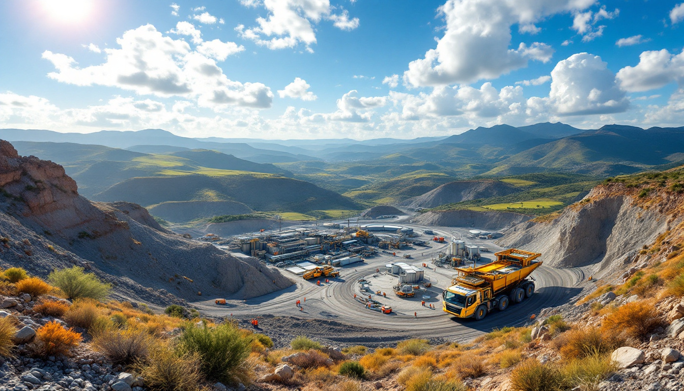 Osmond Resources Ltd-OSM-Mining site with trucks in a mountainous landscape under a sunny sky with scattered clouds.