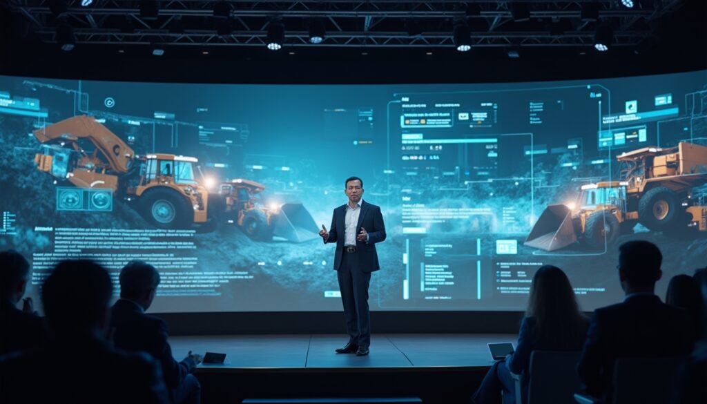 A man presents technology with heavy machinery and digital graphics on a large screen.