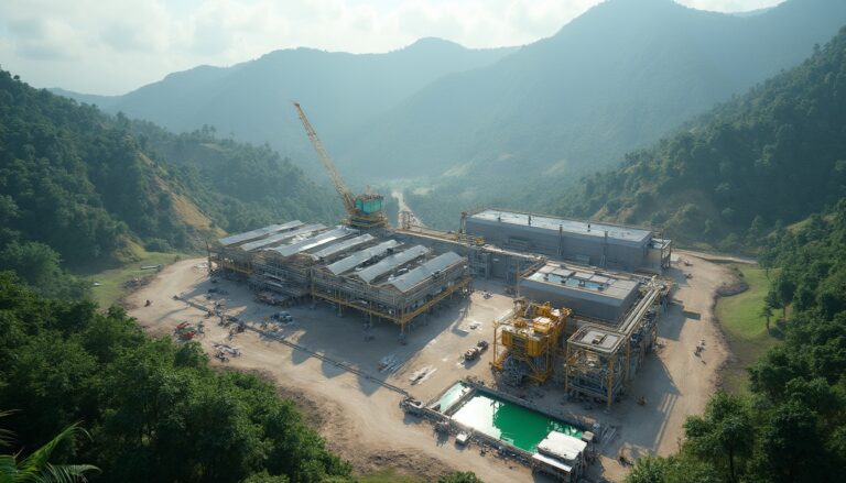 Industrial complex nestled in a lush, mountainous landscape.