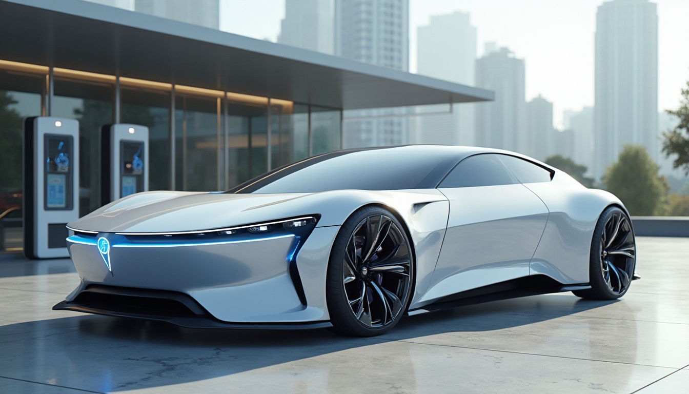 Sleek futuristic electric car at a charging station with city skyline in the background.