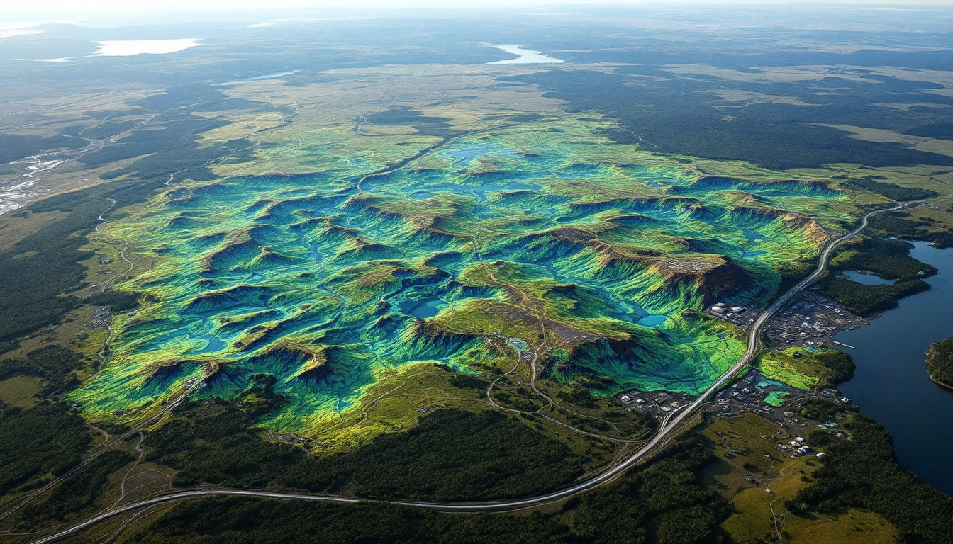 DA Ltd-DAL-Aerial view of colorful, mountainous terrain with a river and road nearby.