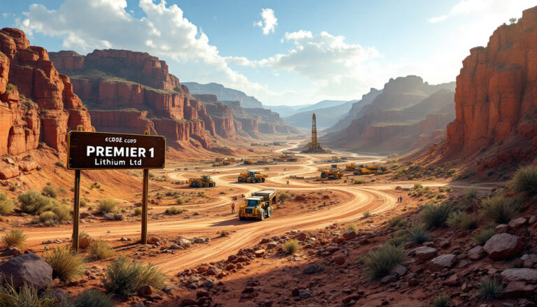 PREMIER1 Lithium Ltd-PLC-Desert landscape with mining site, machinery, and a sign labeled "PREMIER 1 Lithium Ltd."