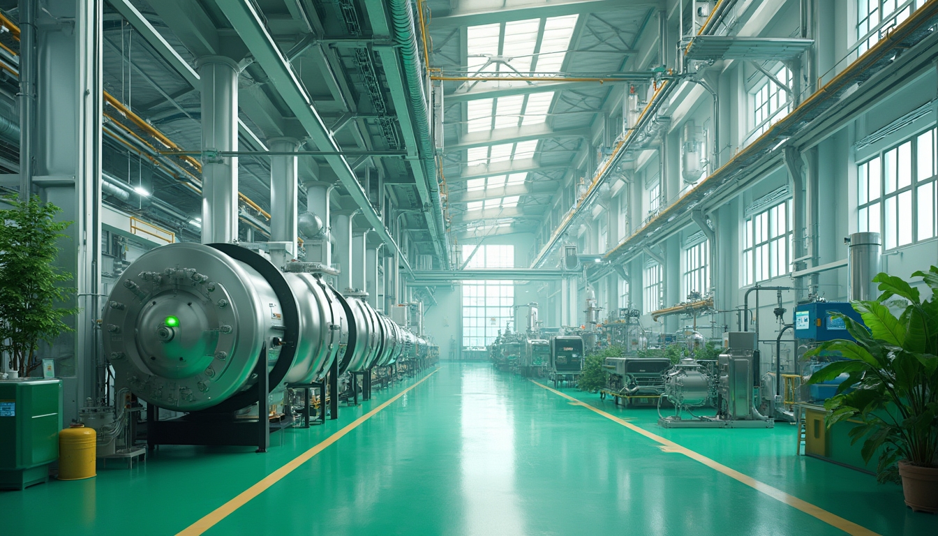 Spacious factory interior with large metal machinery and bright overhead lighting.