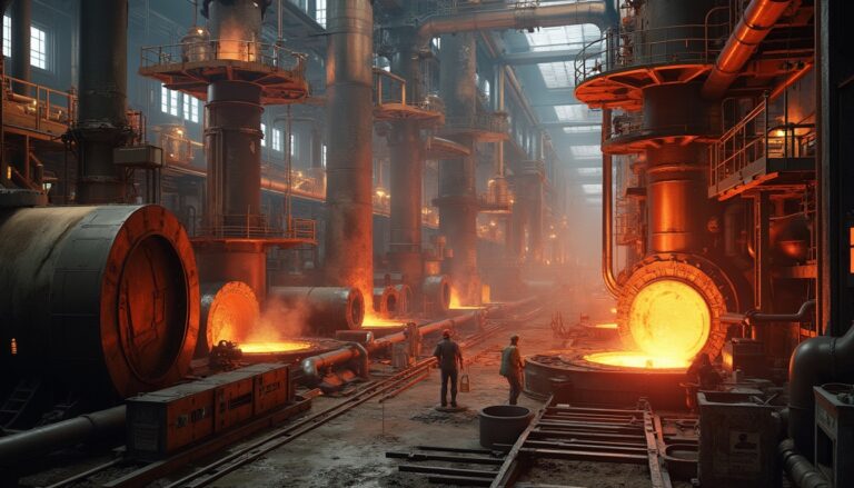 Industrial foundry with molten metal and workers, surrounded by massive machinery and glowing furnaces.