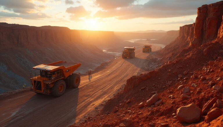 Mining trucks on a sunlit dirt road through a rugged, red canyon landscape at sunset.