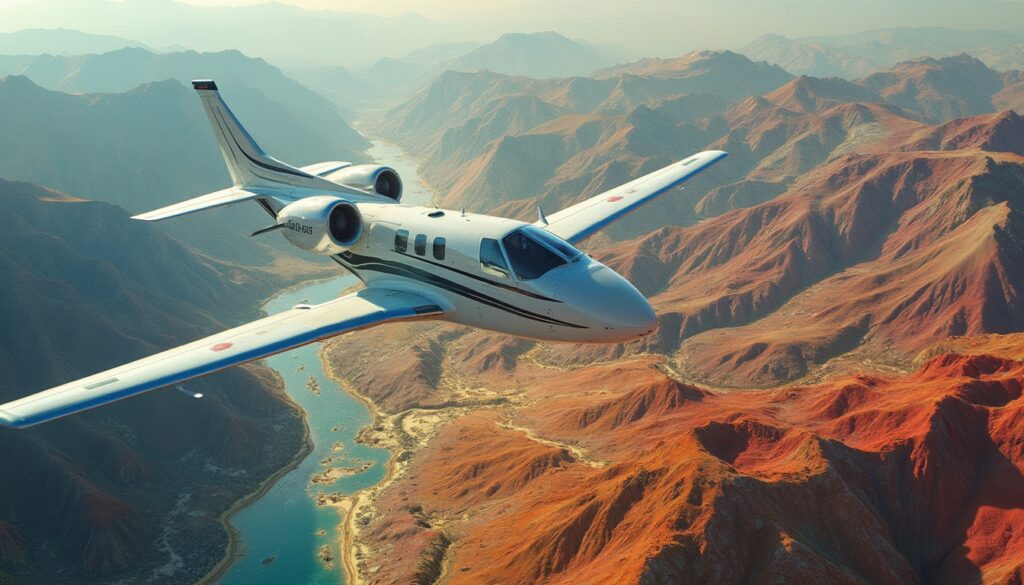 Small airplane flying over rugged, orange-tinted mountains with a winding river below.