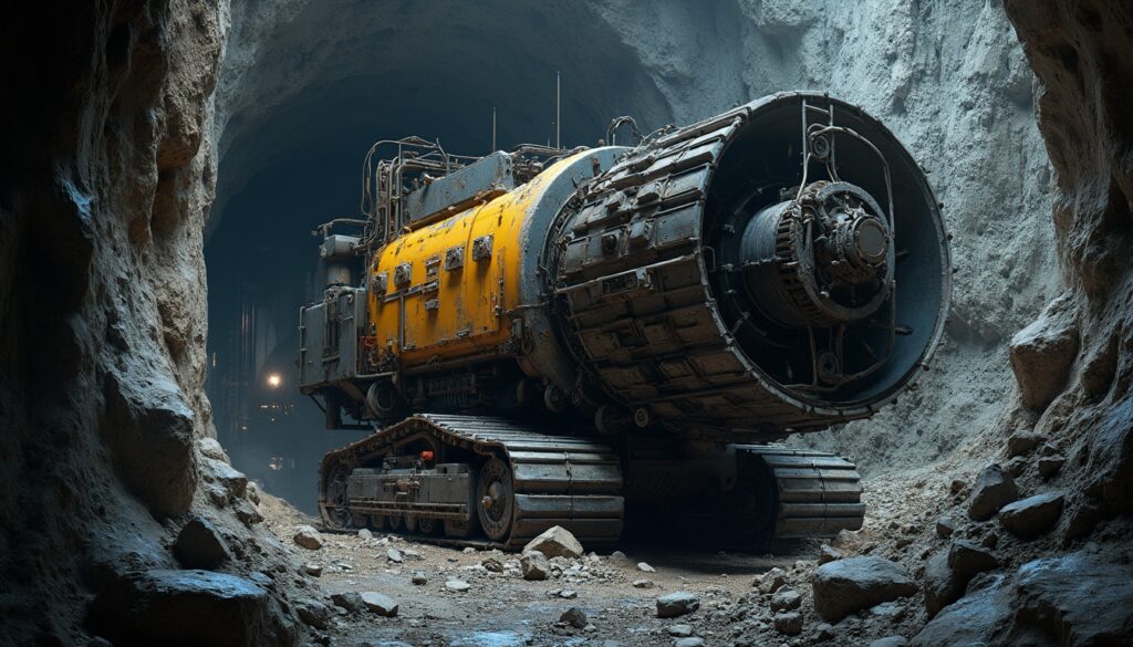 Massive tunnel boring machine with yellow body in rocky underground cavern.