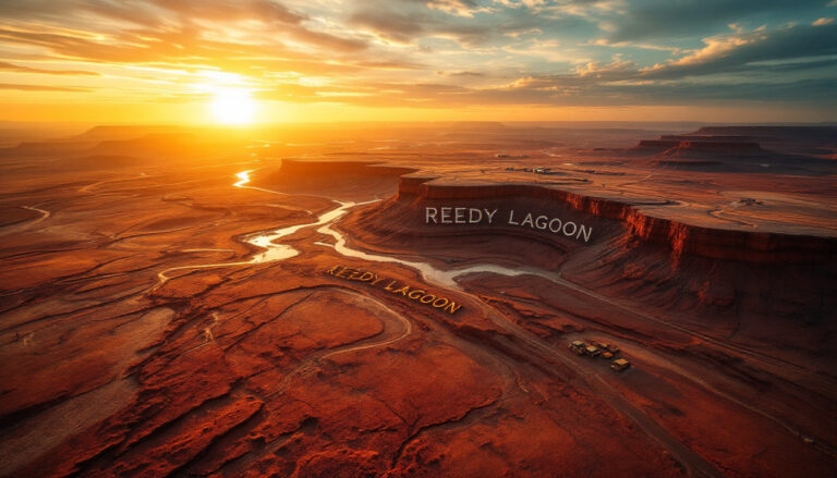 Reedy Lagoon Corporation Ltd-RLC-Sunset over Reedy Lagoon; golden light on a winding river through a dramatic desert canyon landscape.