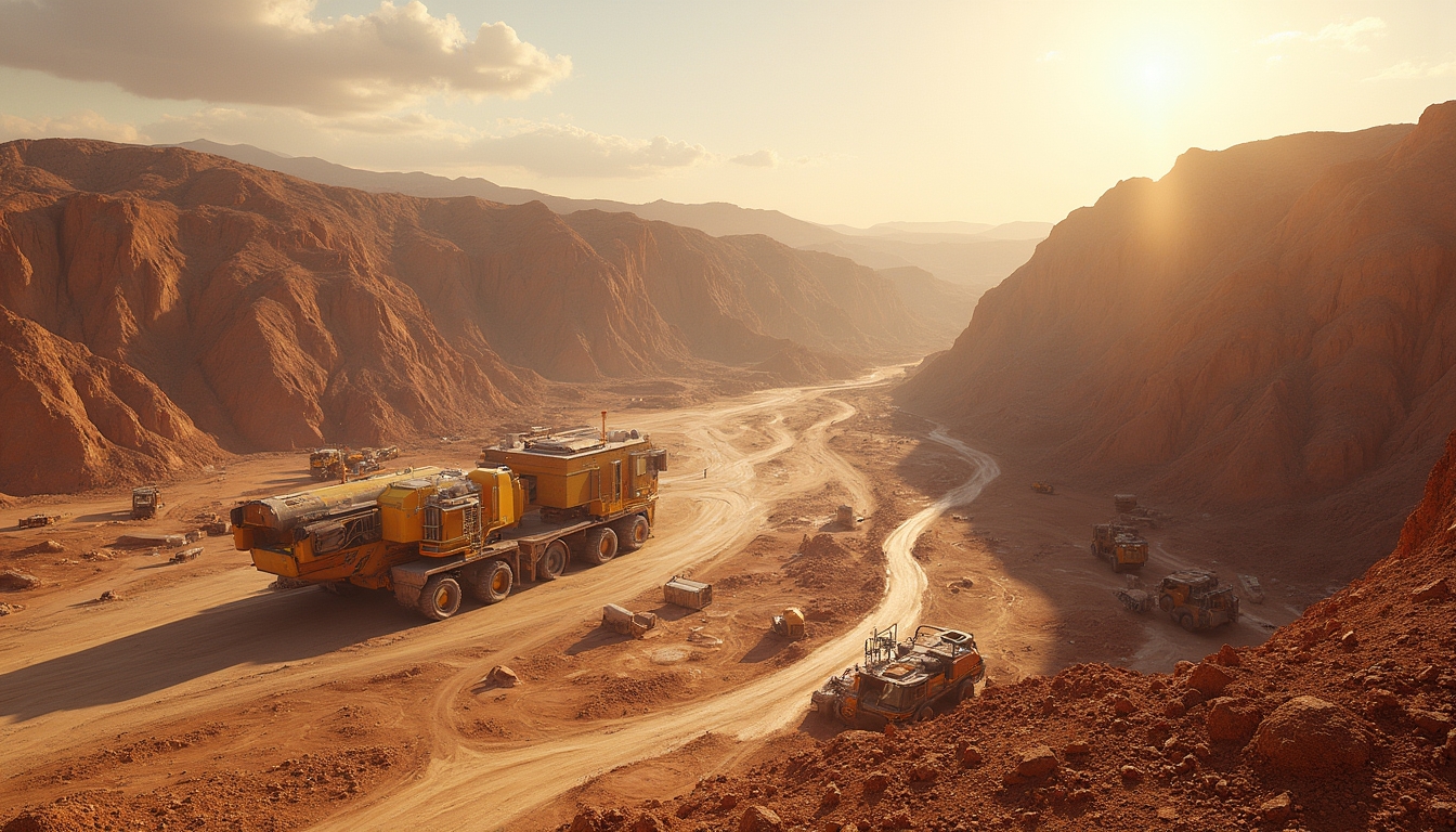 Futuristic vehicles on a dusty alien landscape at sunset, surrounded by rocky hills.