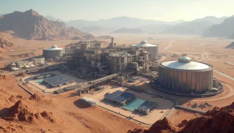 Futuristic desert facility with large circular structures and solar panels, surrounded by mountains.