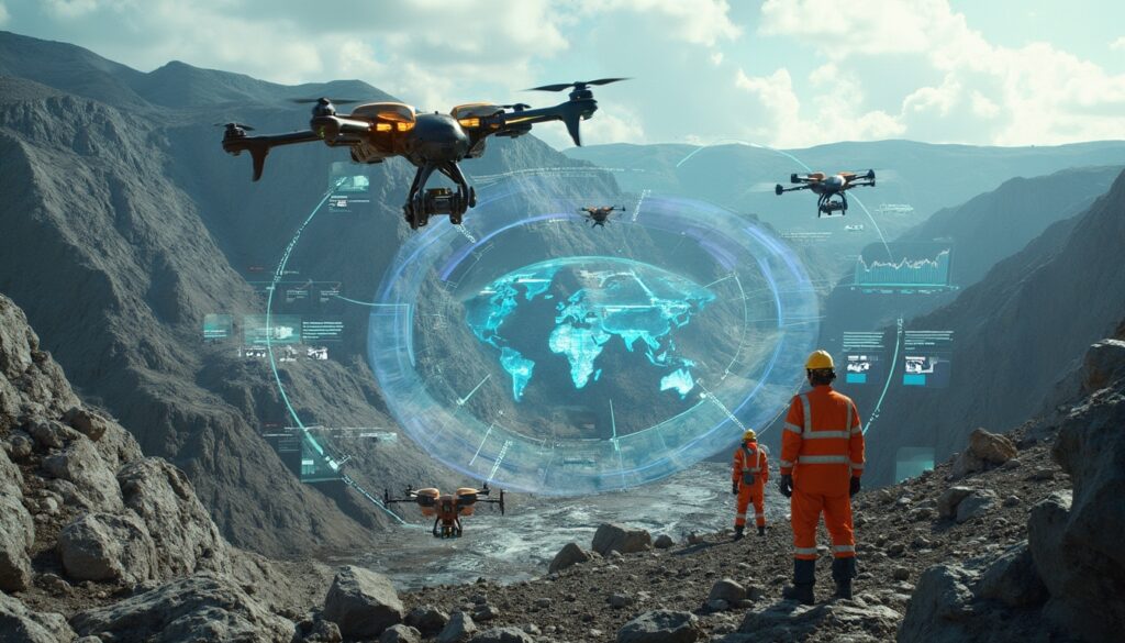 Drones flying above a mountainous landscape with a digital world map overlay.