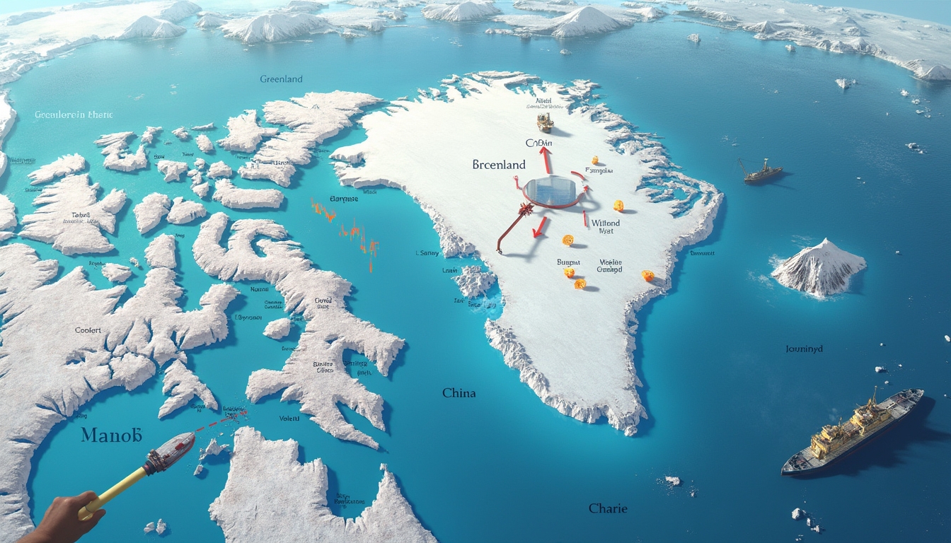 Stylized map of icy landmasses with ships, machinery, and whimsical labels in a blue sea.