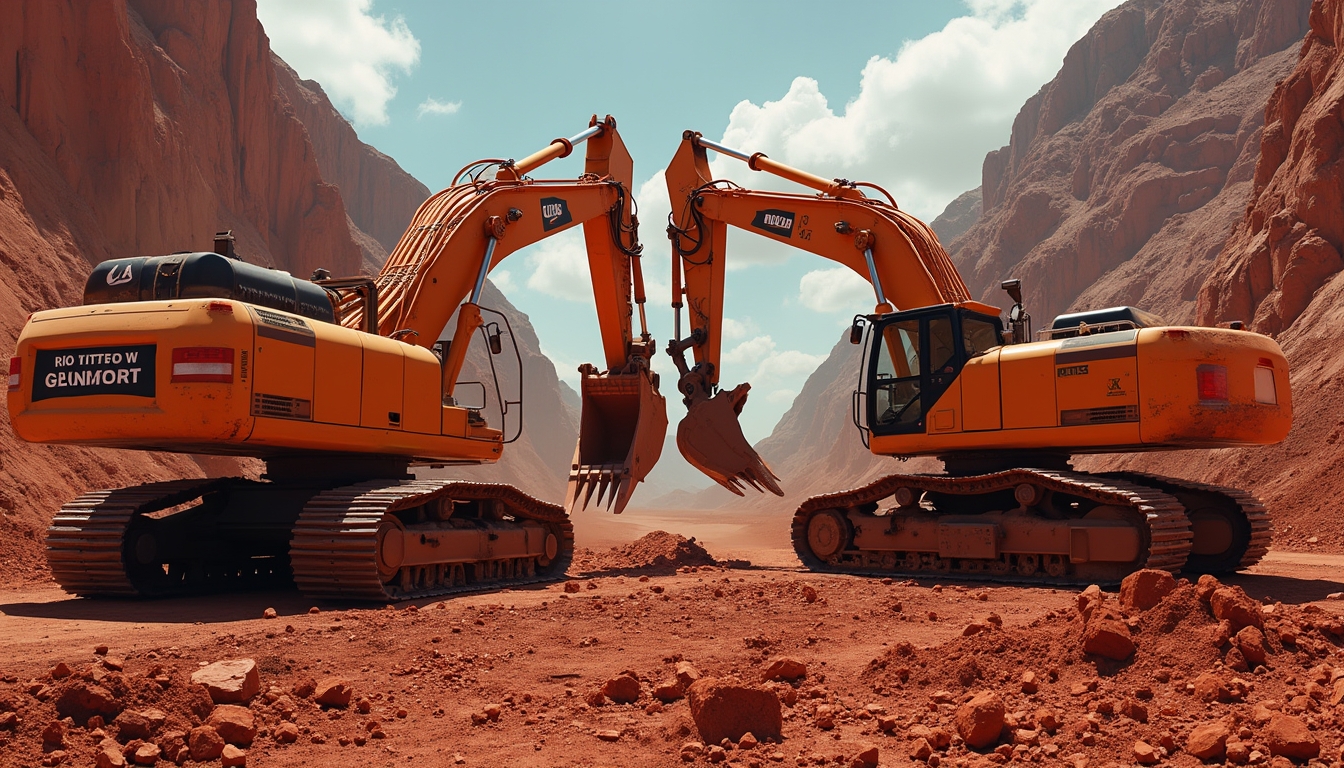 Two yellow excavators facing each other in a rocky, red desert landscape under a blue sky.