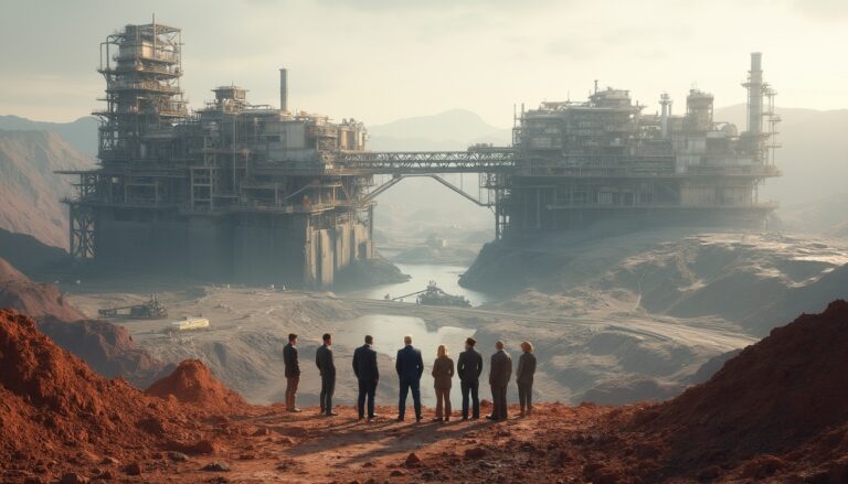 People observing a large, industrial complex in a barren, dusty landscape.