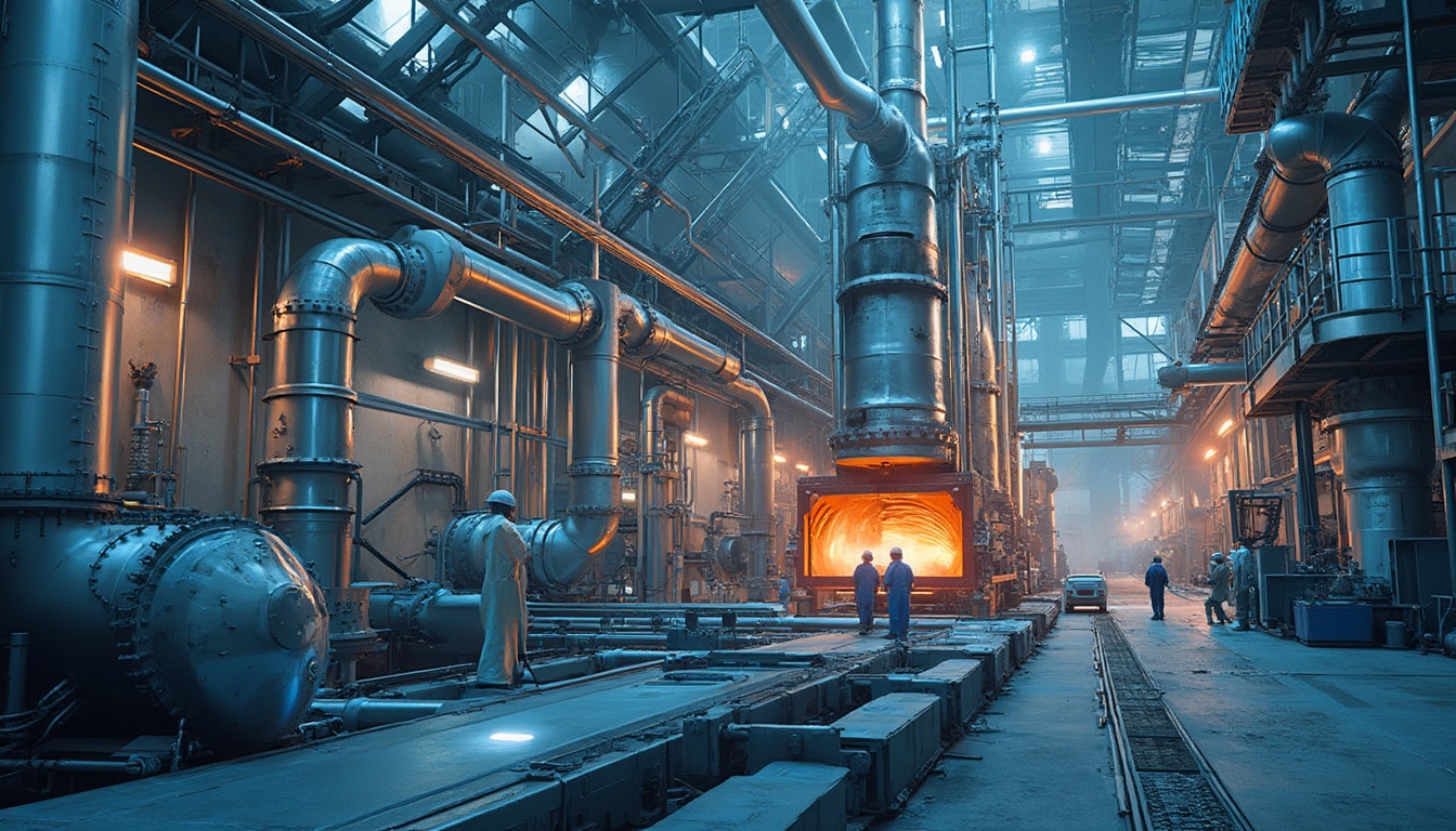 Industrial facility with metal pipes, workers, and a fiery furnace in a large, blue-lit room.