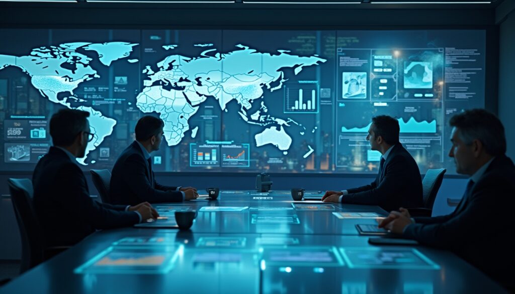 Four people in a conference room analyzing data on large digital world map displays.