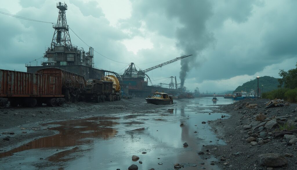 Industrial waterfront landscape with cranes, smoke, and boats on a cloudy day.