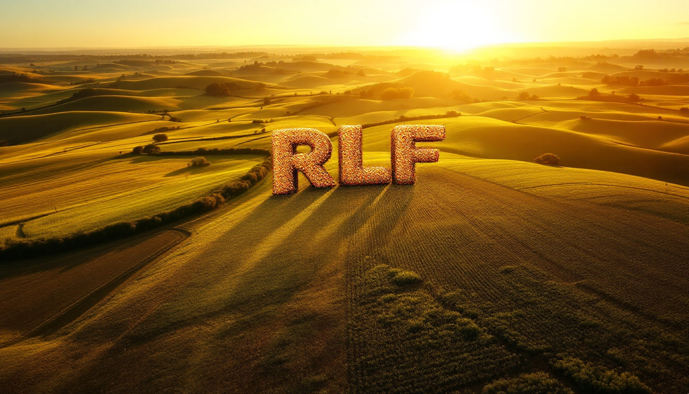 RLF Agtech Ltd-RLF-Golden fields with "RLF" formed from crops, under a bright sunrise.