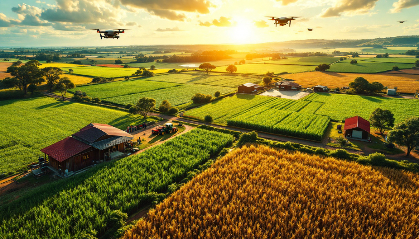 RLF Agtech Ltd-RLF-Drones flying over a scenic, sunlit farm landscape with green fields and farm buildings.